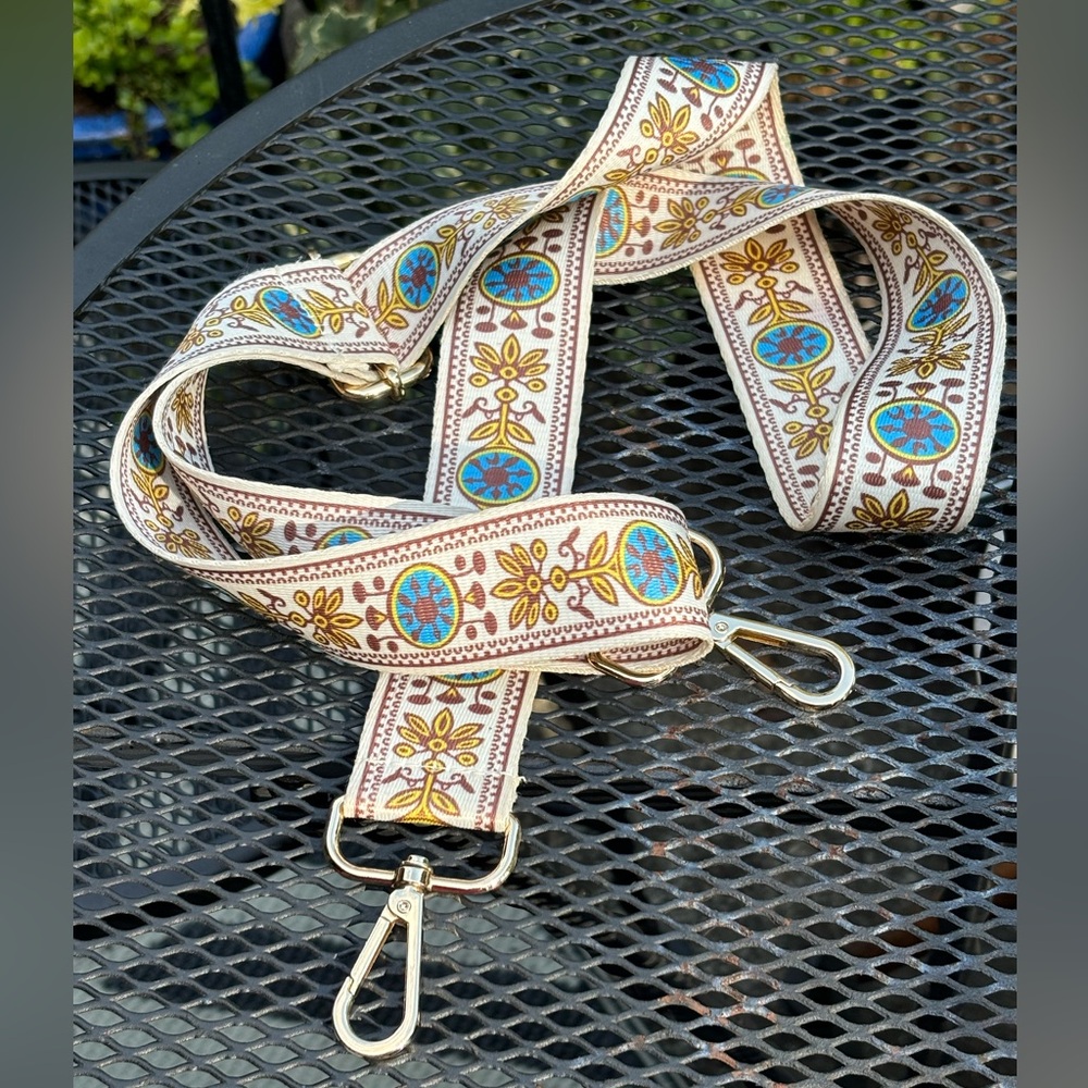 Crossbody Bag Strap In Cream with Blue And Gold. Gold hardware, 2 inches Wide. - Picture 6 of 8